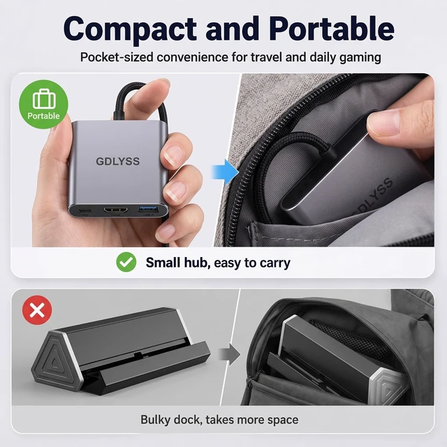 Alt view image 6 of 7 - Switch 2 Dock, Portable USB-C Docking Station with 4K 60Hz120Hz HDR, 100W PD Fast Charging, USB Port, Aluminum Alloy, Compatible with Switch, Steam Deck, ROG Xbox Ally X, Legion Go 1/2/S