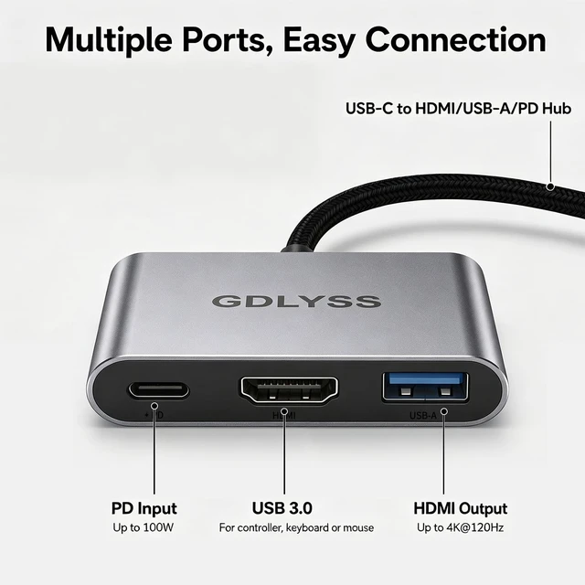 Alt view image 7 of 7 - Switch 2 Dock, Portable USB-C Docking Station with 4K 60Hz120Hz HDR, 100W PD Fast Charging, USB Port, Aluminum Alloy, Compatible with Switch, Steam Deck, ROG Xbox Ally X, Legion Go 1/2/S