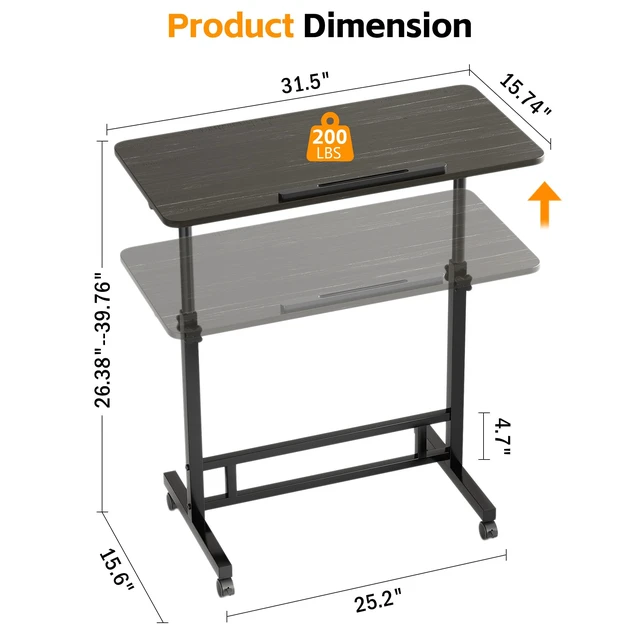 Alt view image 3 of 7 - Laptop Table Mobile Adjustable Height Portable Desk Notebook Swivel PC Computer Rolling Desk with Wheels, Laptop Stand for Couch Bedside Hospital Bed Table (Black Table)