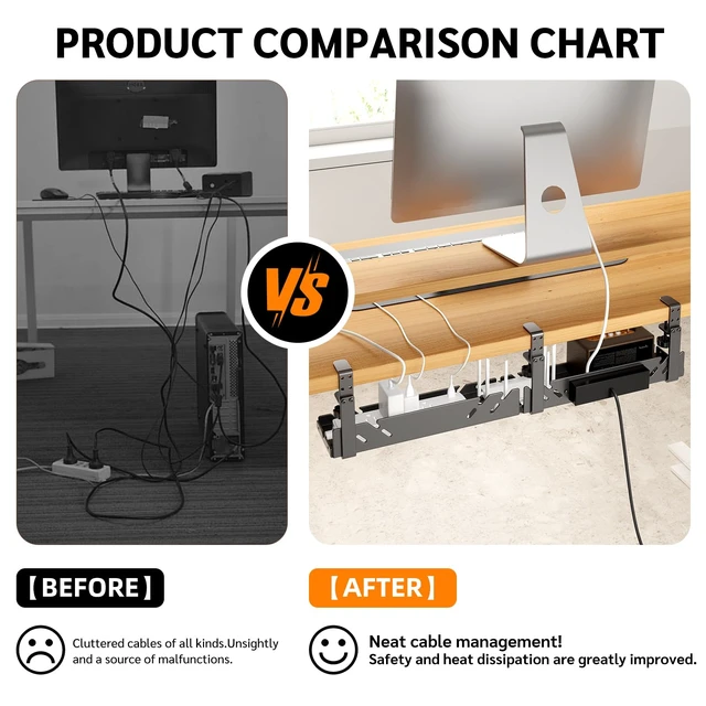 Alt view image 6 of 7 - Under Desk Cable Management Tray with Power Outlet No Drill Clamp-On Cable Tray & Power Strip Holder, Metal Cord Organizer for Standing Desk, Home Office and Gaming Desk, Black