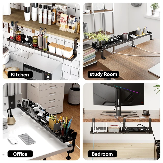 Alt view image 7 of 7 - Under Desk Cable Management Tray with Power Outlet No Drill Clamp-On Cable Tray & Power Strip Holder, Metal Cord Organizer for Standing Desk, Home Office and Gaming Desk, Black