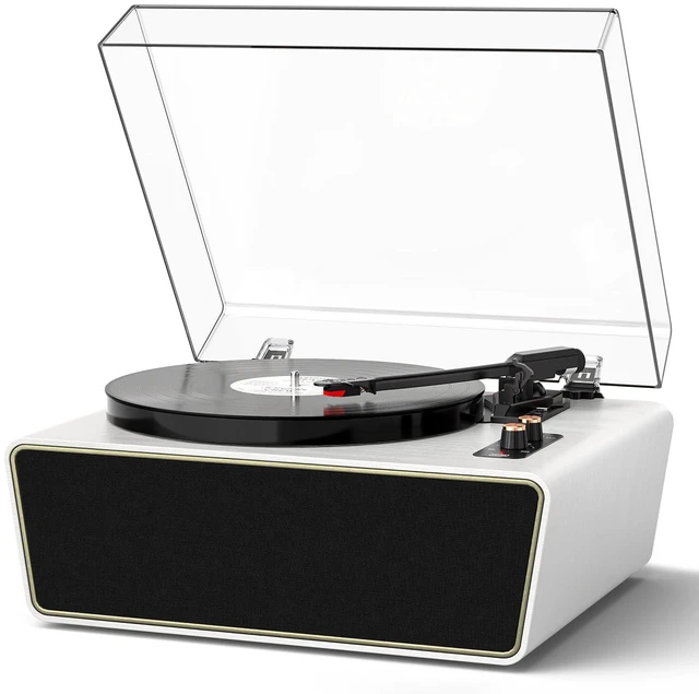 Main image of White Bluetooth Record Player, Full-Size 3-Speed Turntable Full-size design with Bluetooth, 3-speed playback, 4 speakers, ruby stylus, adjustable counterweight and auto stop