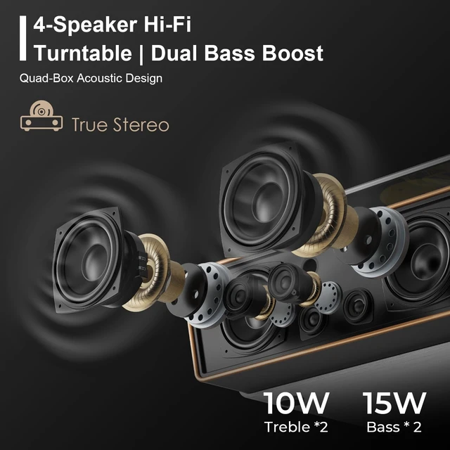 Alt view image 2 of 7 - White Bluetooth Record Player, Full-Size 3-Speed Turntable Full-size design with Bluetooth, 3-speed playback, 4 speakers, ruby stylus, adjustable counterweight and auto stop