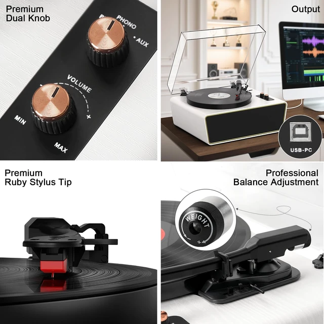 Alt view image 4 of 7 - White Bluetooth Record Player, Full-Size 3-Speed Turntable Full-size design with Bluetooth, 3-speed playback, 4 speakers, ruby stylus, adjustable counterweight and auto stop