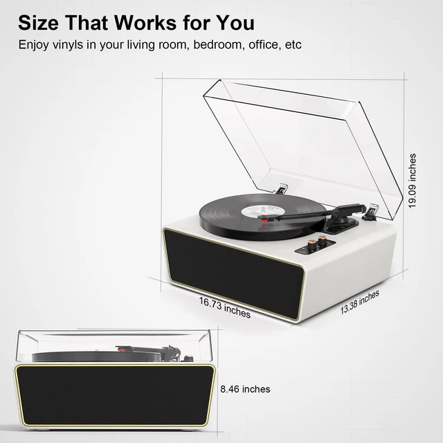 Alt view image 6 of 7 - White Bluetooth Record Player, Full-Size 3-Speed Turntable Full-size design with Bluetooth, 3-speed playback, 4 speakers, ruby stylus, adjustable counterweight and auto stop
