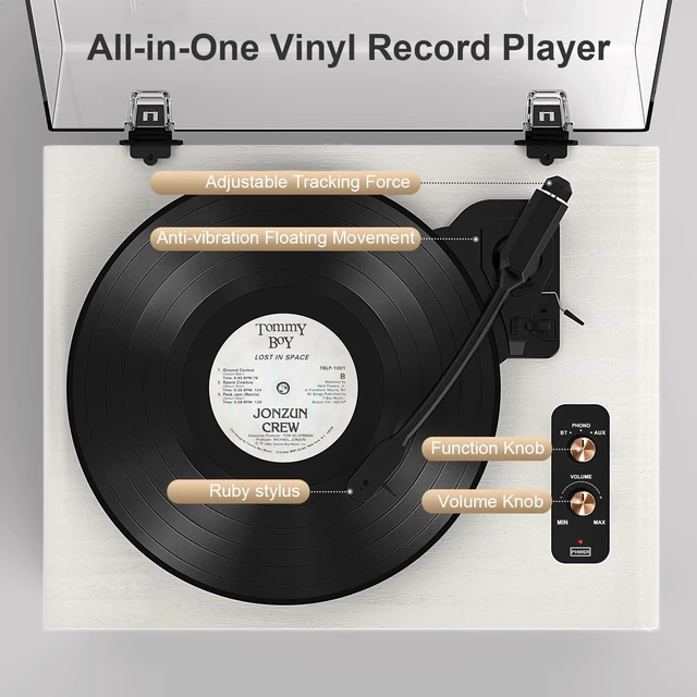 Alt view image 7 of 7 - White Bluetooth Record Player, Full-Size 3-Speed Turntable Full-size design with Bluetooth, 3-speed playback, 4 speakers, ruby stylus, adjustable counterweight and auto stop