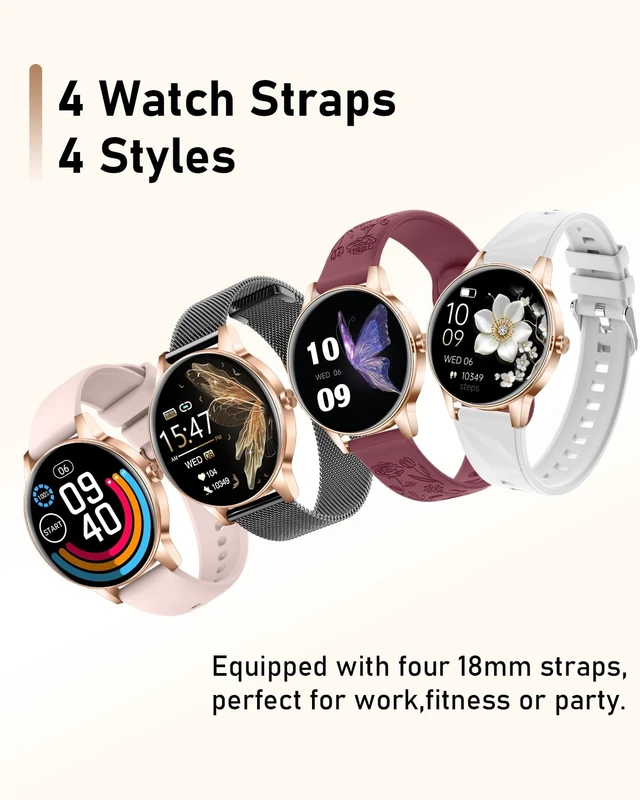 Alt view image 2 of 7 - Smart Watch for Women, 1.27'' TFT Fitness Watch With Bluetooth Answer/Make Call,Heart Rate/SpO2/Sleep Monitor/Menstrual Cycle/120+ Sports Fitness Tracker for iPhone Android iOS(4 Straps,Black Gold)