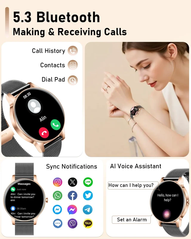 Alt view image 3 of 7 - Smart Watch for Women, 1.27'' TFT Fitness Watch With Bluetooth Answer/Make Call,Heart Rate/SpO2/Sleep Monitor/Menstrual Cycle/120+ Sports Fitness Tracker for iPhone Android iOS(4 Straps,Black Gold)