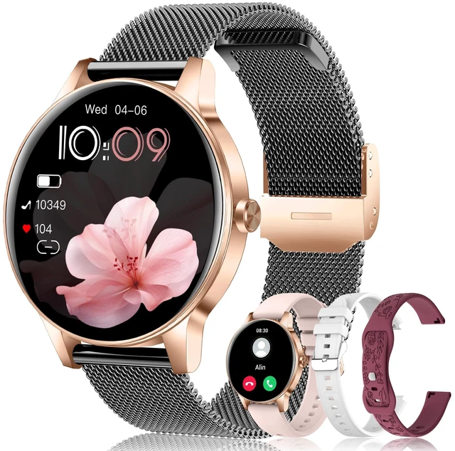 Main image of Smart Watch for Women, 1.27'' TFT Fitness Watch With Bluetooth Answer/Make Call,Heart Rate/SpO2/Sleep Monitor/Menstrual Cycle/120+ Sports Fitness Tracker for iPhone Android iOS(4 Straps,Black Gold)