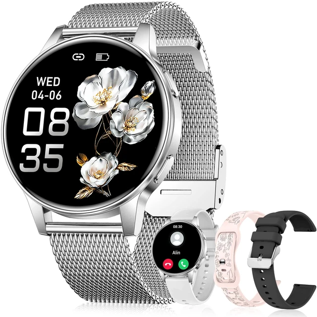Main image of Smart Watches for Women, 1.27" Fitness Watch with Bluetooth Make & Answer Calls,24H Heart Rate/SpO2/Sleep Monitor,120+ Sport Modes IP68 Fitness Tracker Compatible with iOS & Android (4 Straps,Silver)