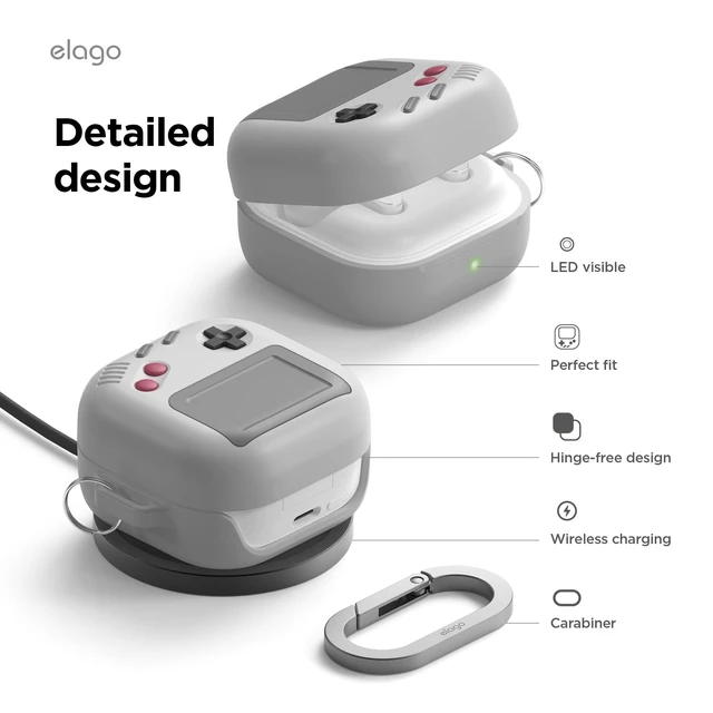 Alt view image 6 of 7 - AW5 Case for Galaxy Buds 4 Pro & Galaxy Buds 4 AW5 Classic Game Player Design Cover with Carabiner, Full Protection, Headphone Accessories, for Men, for Women (Light Grey)