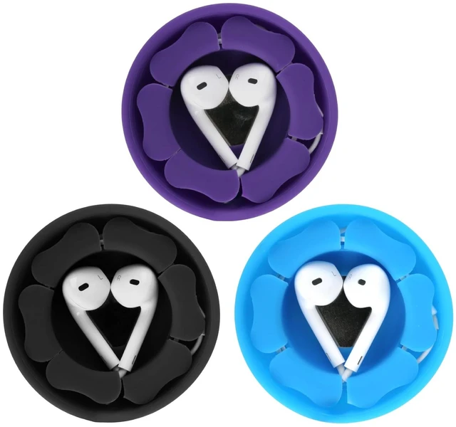 Main image of Wired Earbud Case 3 Pack Earphone Headphone Cord Organizer Earbuds Wrap Soft Silicone Magnetic Holder Storage Tangle Free Cable Winder(Black/Blue/Purple)