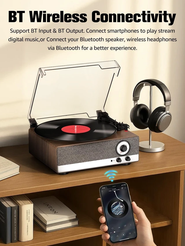 Alt view image 4 of 7 - 7-in-1 Vinyl Record Player, Bluetooth Belt Drive Turntable Engineered wood, built-in stereo speakers, 33/45/78 RPM, for living room, bedroom, office, dorm, gift for music lovers