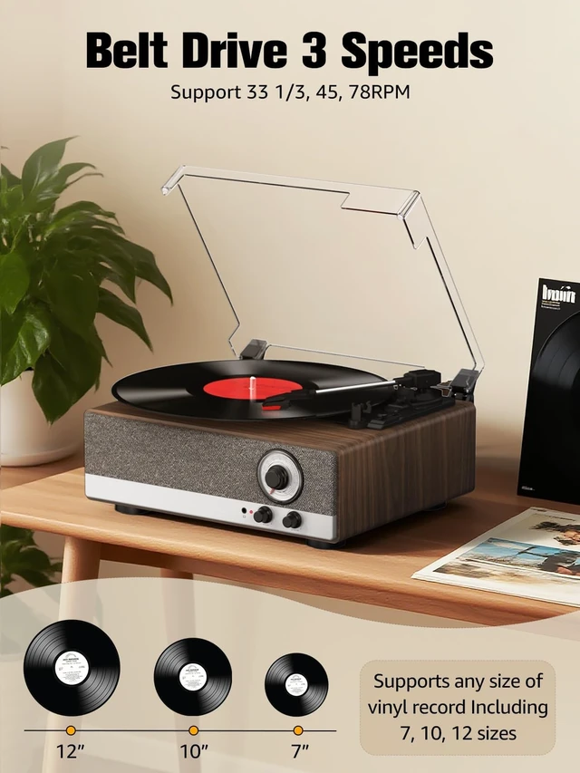 Alt view image 2 of 7 - 7-in-1 Vinyl Record Player, Bluetooth Belt Drive Turntable Engineered wood, built-in stereo speakers, 33/45/78 RPM, for living room, bedroom, office, dorm, gift for music lovers
