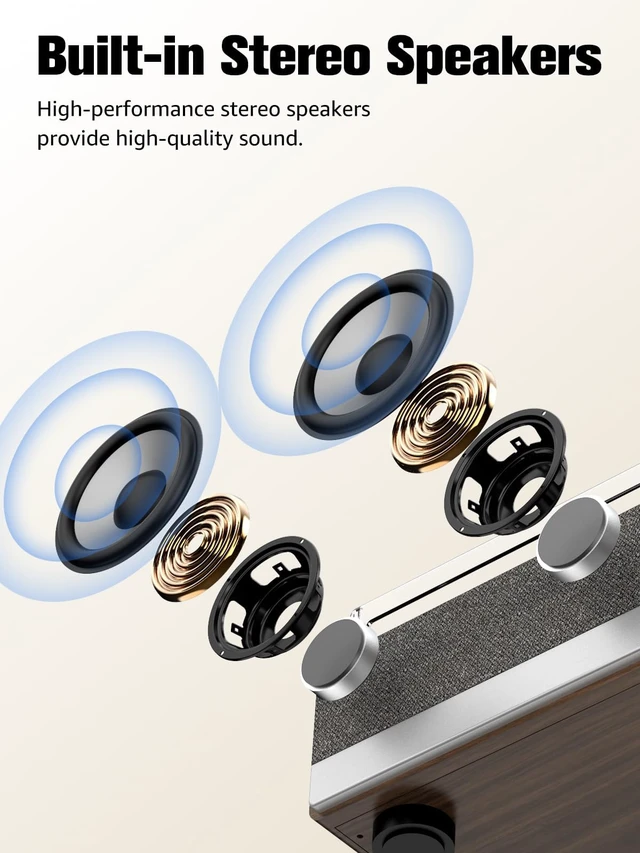 Alt view image 3 of 7 - 7-in-1 Vinyl Record Player, Bluetooth Belt Drive Turntable Engineered wood, built-in stereo speakers, 33/45/78 RPM, for living room, bedroom, office, dorm, gift for music lovers