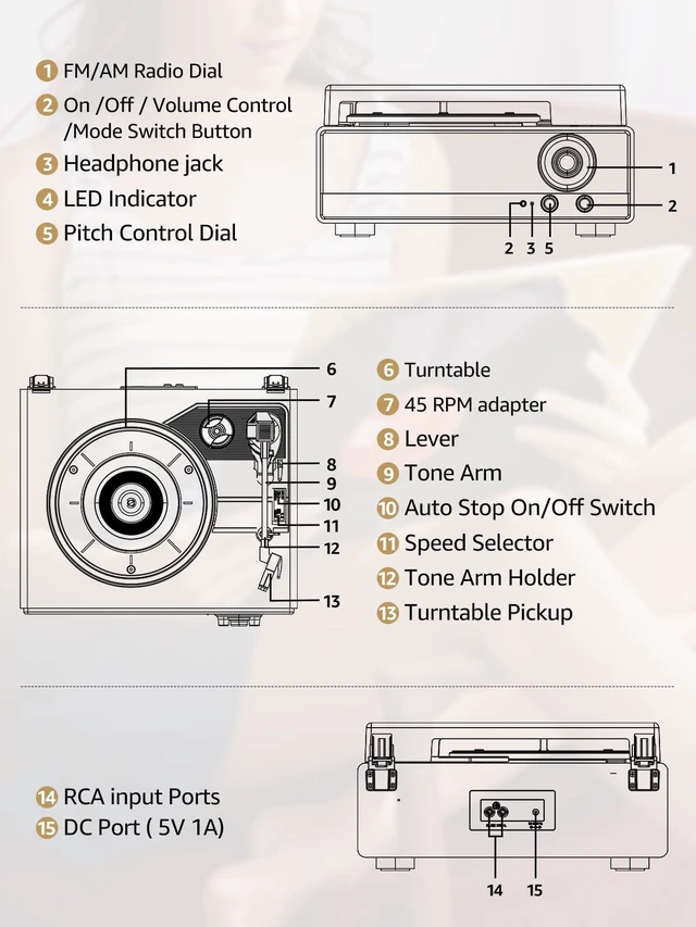 Alt view image 6 of 7 - 7-in-1 Vinyl Record Player, Bluetooth Belt Drive Turntable Engineered wood, built-in stereo speakers, 33/45/78 RPM, for living room, bedroom, office, dorm, gift for music lovers