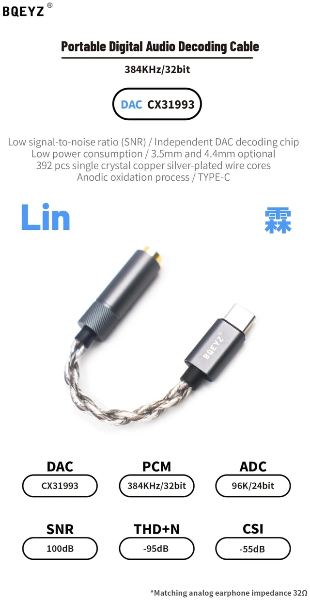 Alt view image 2 of 7 - LIN Type C to 4.4mm DAC Adapter, CX31993 HiFi Headphone Audio Dongle Supports 32bit/384kHz lossless audio, portable Jack headphone amp, compatible with USB-C smartphones, silver housing