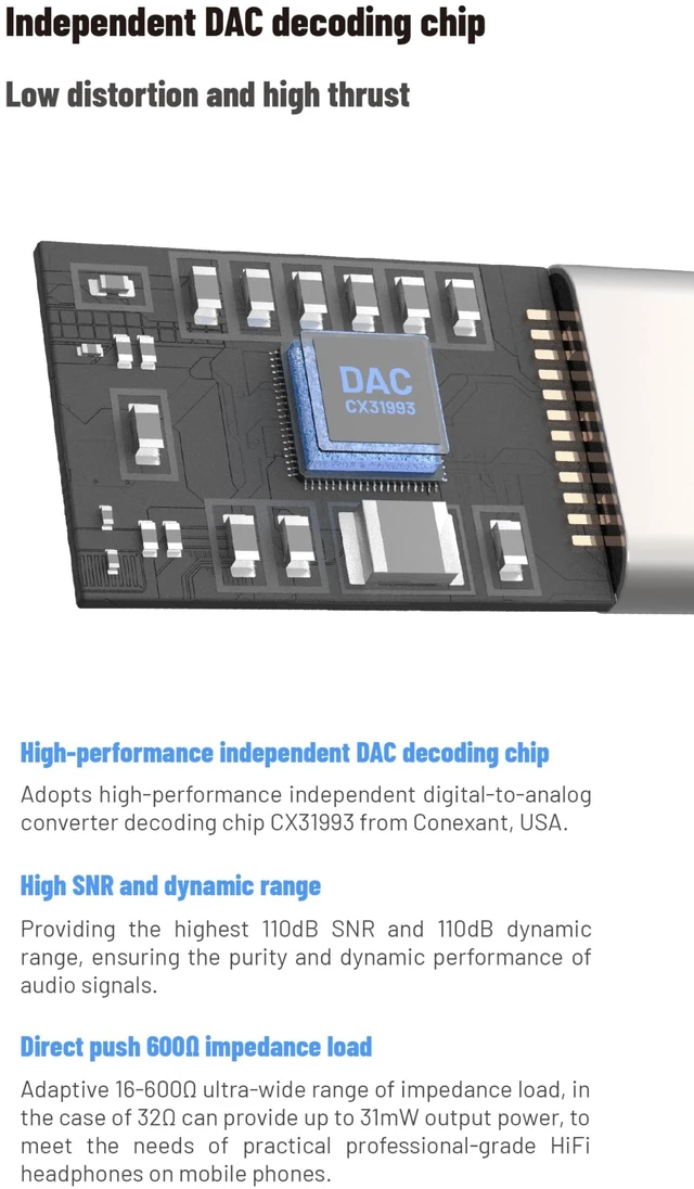 Alt view image 3 of 7 - LIN Type C to 4.4mm DAC Adapter, CX31993 HiFi Headphone Audio Dongle Supports 32bit/384kHz lossless audio, portable Jack headphone amp, compatible with USB-C smartphones, silver housing