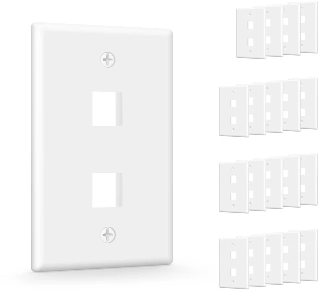 Main image of UL Listed Keystone Wall Plate 2-Port for Keystone Jack, White 20-Pack UL Listed for Safety, Designed for RJ45/HDMI/Coax Kystone Jack, Low Profile Wall Plate, Bulk Pack