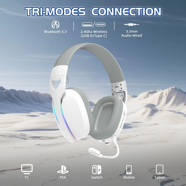 Alt view image 2 of 7 - Attack Shark L90 Ultralight RGB Wireless Gaming Headset-White Plug-in Microphone,Bluetooth 5.3 & 2.4G Wireless & Wired Headphone, 7.1 Surround Sound for Xbox One Series, PS4,PS5 & PC
