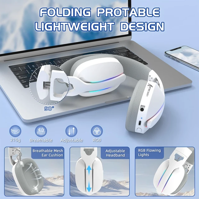 Alt view image 5 of 7 - Attack Shark L90 Ultralight RGB Wireless Gaming Headset-White Plug-in Microphone,Bluetooth 5.3 & 2.4G Wireless & Wired Headphone, 7.1 Surround Sound for Xbox One Series, PS4,PS5 & PC