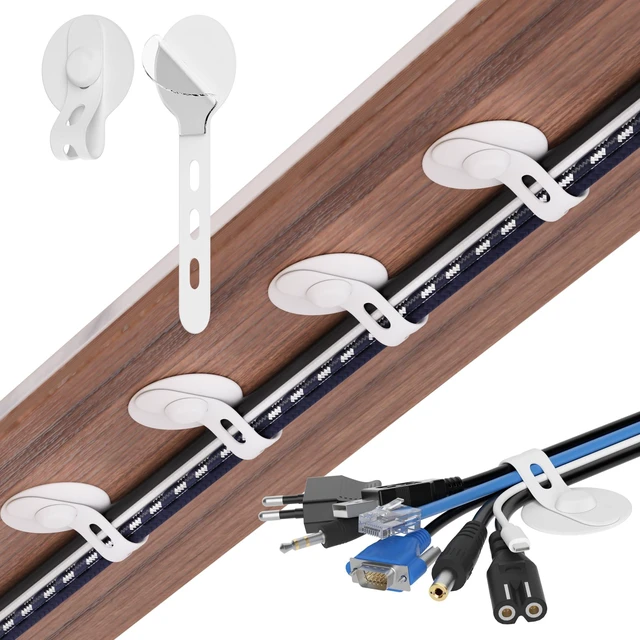 Main image of Cable Management Under Desk, Adhesive Cable Ties, 20Pack-White Adjustable Silicone Cable Ties Cord Organizer, Reusable Heavy-Duty Cord Holder Under Table for Office, School, Home