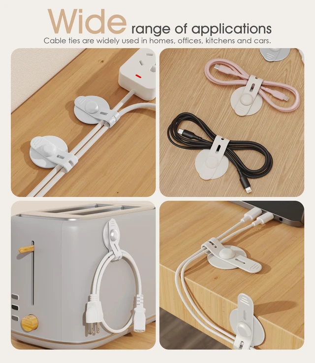 Alt view image 6 of 7 - Cable Management Under Desk, Adhesive Cable Ties, 20Pack-White Adjustable Silicone Cable Ties Cord Organizer, Reusable Heavy-Duty Cord Holder Under Table for Office, School, Home