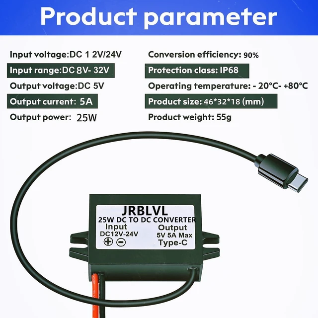 Alt view image 3 of 6 - DC 12V 24V to 5V 5A 25W USB-C Step Down Converter Buck Power Adapter for Raspberry Pi 4, Cellphone, and More (2-Pack)