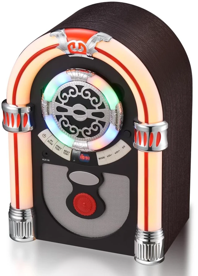 Main image of Retro Tabletop Jukebox with Bluetooth Speaker- Vintage Nostalgic Style FM Radio, AUX-in Port, EQ Modes, Color Changing LED Tubes, Wireless Music Streaming and Space - Saving Design(Brown)