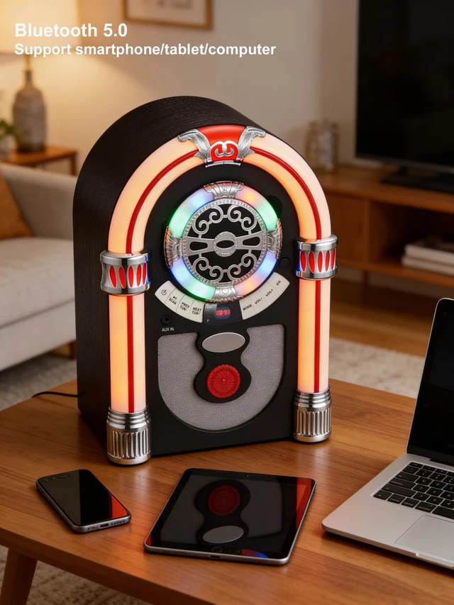 Alt view image 3 of 6 - Retro Tabletop Jukebox with Bluetooth Speaker- Vintage Nostalgic Style FM Radio, AUX-in Port, EQ Modes, Color Changing LED Tubes, Wireless Music Streaming and Space - Saving Design(Brown)