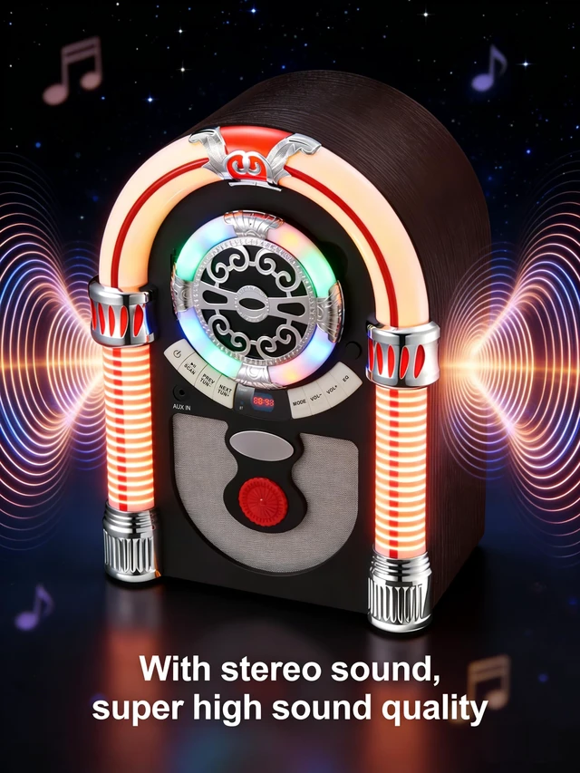 Alt view image 4 of 6 - Retro Tabletop Jukebox with Bluetooth Speaker- Vintage Nostalgic Style FM Radio, AUX-in Port, EQ Modes, Color Changing LED Tubes, Wireless Music Streaming and Space - Saving Design(Brown)