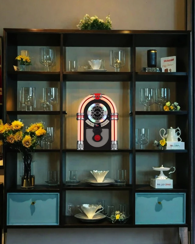 Alt view image 6 of 6 - Retro Tabletop Jukebox with Bluetooth Speaker- Vintage Nostalgic Style FM Radio, AUX-in Port, EQ Modes, Color Changing LED Tubes, Wireless Music Streaming and Space - Saving Design(Brown)