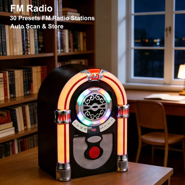 Alt view image 5 of 6 - Retro Tabletop Jukebox with Bluetooth Speaker- Vintage Nostalgic Style FM Radio, AUX-in Port, EQ Modes, Color Changing LED Tubes, Wireless Music Streaming and Space - Saving Design(Brown)