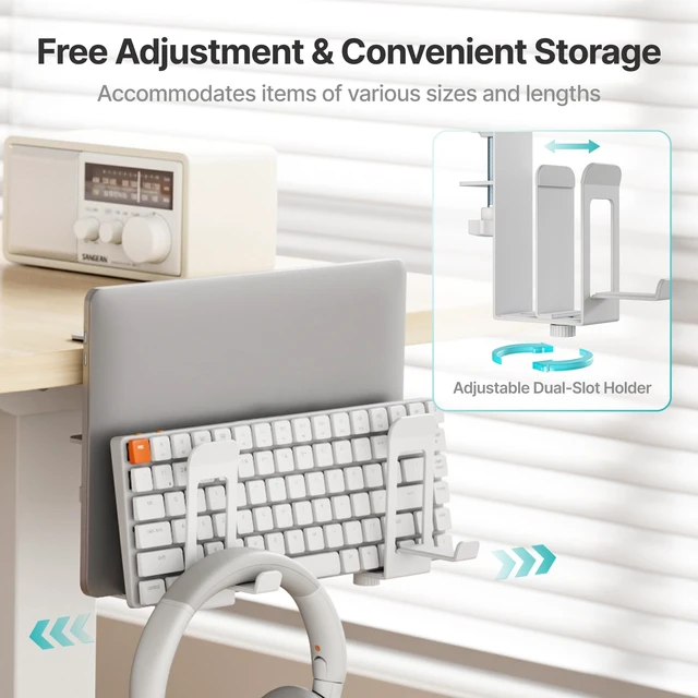 Alt view image 3 of 7 - Laptop Stand Vertical, 2-Slot Under Desk Laptop Holder, White Desk Side Storage with Headphone Holder, Laptop Organizer for Office Gaming