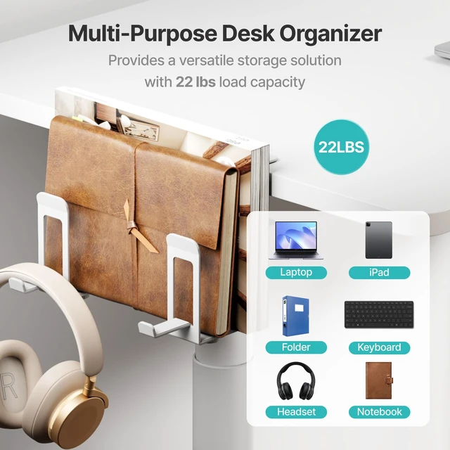 Alt view image 4 of 7 - Laptop Stand Vertical, 2-Slot Under Desk Laptop Holder, White Desk Side Storage with Headphone Holder, Laptop Organizer for Office Gaming