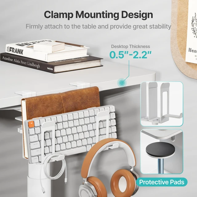 Alt view image 5 of 7 - Laptop Stand Vertical, 2-Slot Under Desk Laptop Holder, White Desk Side Storage with Headphone Holder, Laptop Organizer for Office Gaming