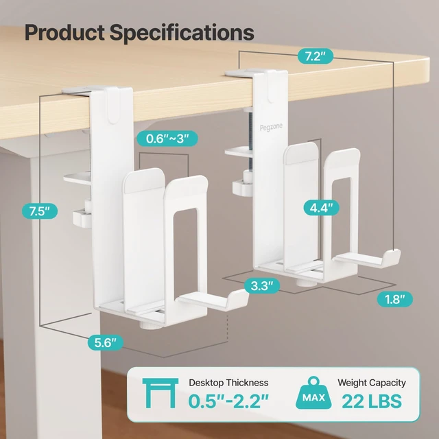 Alt view image 6 of 7 - Laptop Stand Vertical, 2-Slot Under Desk Laptop Holder, White Desk Side Storage with Headphone Holder, Laptop Organizer for Office Gaming