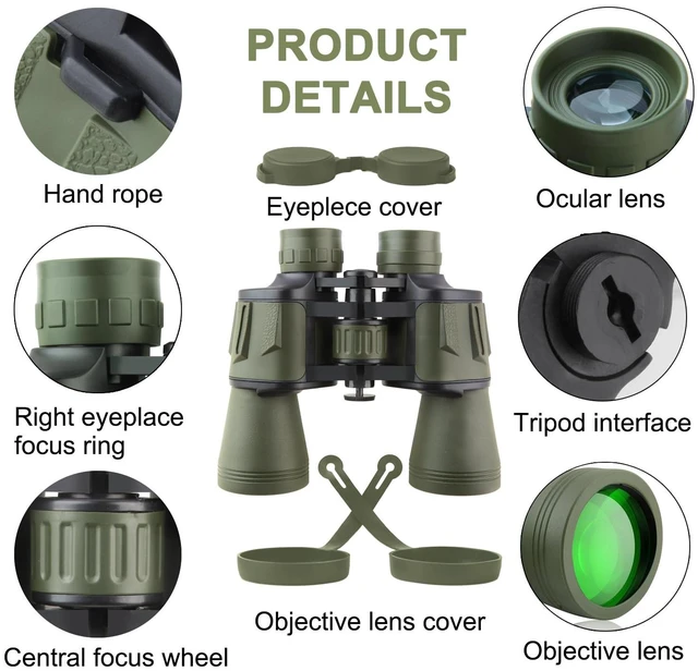 Alt view image 4 of 7 - 20x50 High Power Binoculars for Adults with Smartphone Adapter, HD Professional/Daily Waterproof Compact Binoculars for Bird Watching Hiking Concert Travel with BAK4 Prism FMC Lens, Green