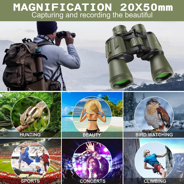Alt view image 6 of 7 - 20x50 High Power Binoculars for Adults with Smartphone Adapter, HD Professional/Daily Waterproof Compact Binoculars for Bird Watching Hiking Concert Travel with BAK4 Prism FMC Lens, Green