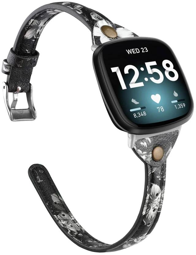 Main image of Compatible with Fitbit Versa 4/Versa 3/Sense 2/Sense Band for Women, Slim & Thin Leather Straps Bracelet Wristband for Fitbit Versa 4/ Fitbit Sense Smartwatch, White Floral