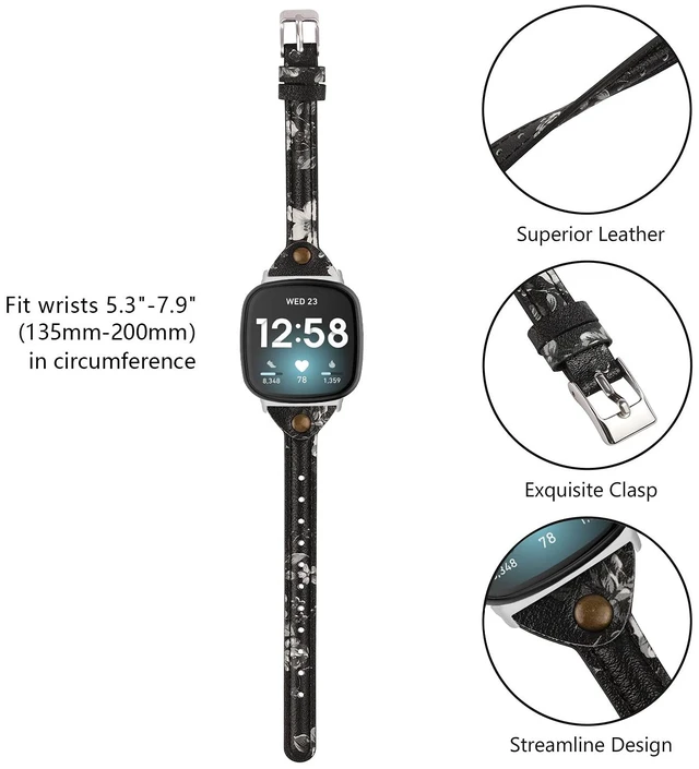 Alt view image 2 of 6 - Compatible with Fitbit Versa 4/Versa 3/Sense 2/Sense Band for Women, Slim & Thin Leather Straps Bracelet Wristband for Fitbit Versa 4/ Fitbit Sense Smartwatch, White Floral