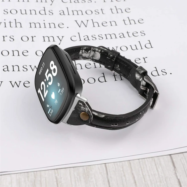 Alt view image 3 of 6 - Compatible with Fitbit Versa 4/Versa 3/Sense 2/Sense Band for Women, Slim & Thin Leather Straps Bracelet Wristband for Fitbit Versa 4/ Fitbit Sense Smartwatch, White Floral