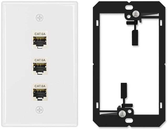 Main image of 1-Pack Shielded Cat6A Ethernet Wall Plate, 3-Port RJ45 Wall Plate 3-Port Keystone Wall Plates with Cat 6A Shielded Coupler and Bracket, Female to Female Cat6a Wall Plate, Cat6a/Cat6/5e, PoE