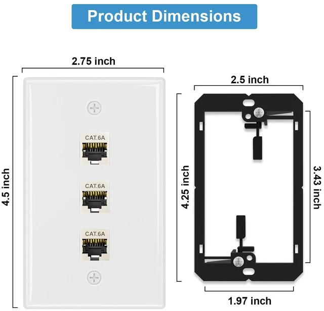 Alt view image 3 of 7 - 1-Pack Shielded Cat6A Ethernet Wall Plate, 3-Port RJ45 Wall Plate 3-Port Keystone Wall Plates with Cat 6A Shielded Coupler and Bracket, Female to Female Cat6a Wall Plate, Cat6a/Cat6/5e, PoE