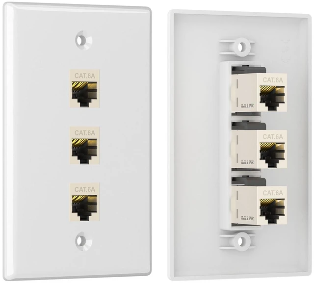 Alt view image 4 of 7 - 1-Pack Shielded Cat6A Ethernet Wall Plate, 3-Port RJ45 Wall Plate 3-Port Keystone Wall Plates with Cat 6A Shielded Coupler and Bracket, Female to Female Cat6a Wall Plate, Cat6a/Cat6/5e, PoE