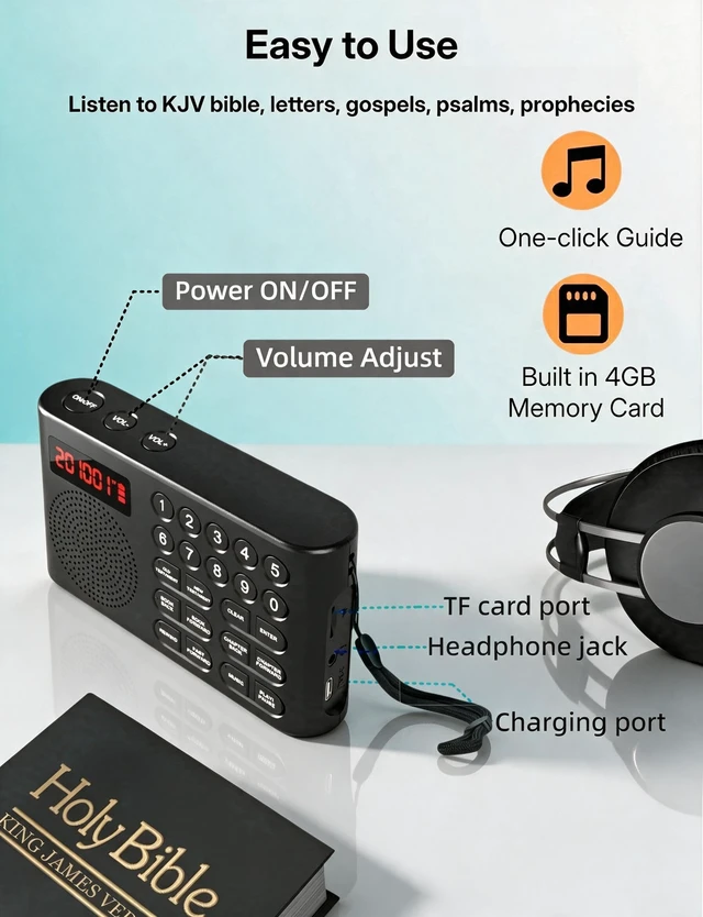Alt view image 3 of 7 - KJV Audio Bible Player, Electronic Bible with Large Buttons Easy Read Talking Bible Old & New Testament in King James Version for Senior Poor Vision Portable Audible Bible