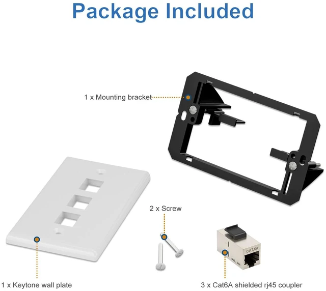 Alt view image 7 of 7 - 1-Pack Shielded Cat6A Ethernet Wall Plate, 3-Port RJ45 Wall Plate 3-Port Keystone Wall Plates with Cat 6A Shielded Coupler and Bracket, Female to Female Cat6a Wall Plate, Cat6a/Cat6/5e, PoE
