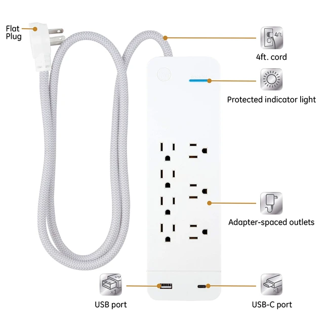 Alt view image 2 of 7 - Sur Protector Power Strip with USB Ports, 4 Ft Braided Extension Cord 1440 Joules, 7 Outlet Extender (Wide Spaced), 1 USB-A, 1 USB-C, Flat Plug, ETL Safety Listed, White, 41355