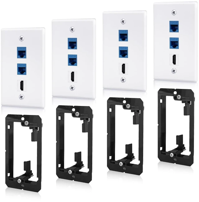 Main image of 4 Pack Ethernet HDMI Wall Plate, 2-Port Cat6 & 1-Port HDMI Keystone Jack RJ45 Coupler Female to Female Wall Outlet with Low Voltage Mounting Bracket, Cable Pass Through Hide Behind The Wall