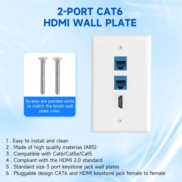 Alt view image 2 of 7 - 4 Pack Ethernet HDMI Wall Plate, 2-Port Cat6 & 1-Port HDMI Keystone Jack RJ45 Coupler Female to Female Wall Outlet with Low Voltage Mounting Bracket, Cable Pass Through Hide Behind The Wall